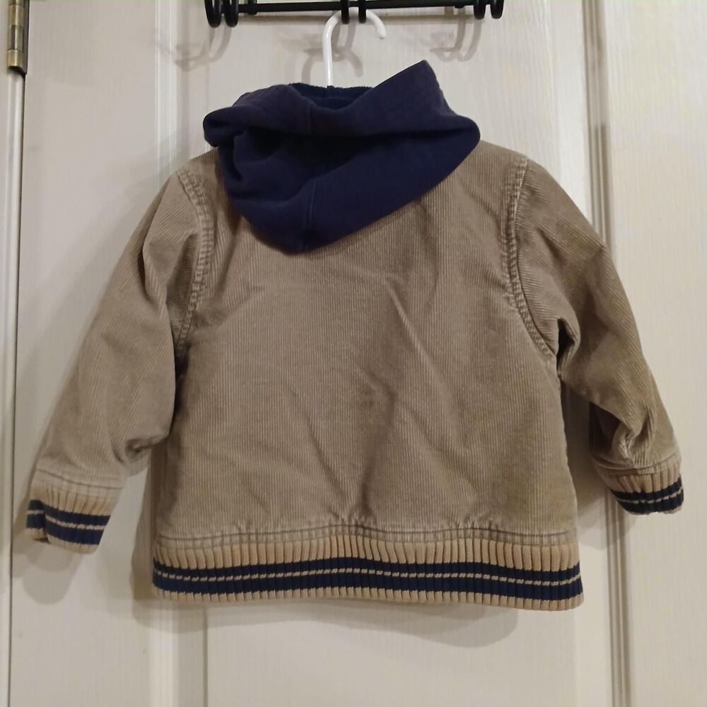 OshKosh tan corduroy bomber jacket zipper snaps navy hood patch 2T classic basic - Picture 4 of 6